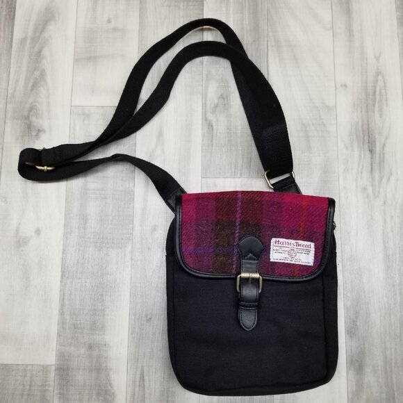 ✅Harris Tweed & Canvas Adjustable Crossbody Bag Hand Woven Black Pink Plaid - Picture 2 of 11